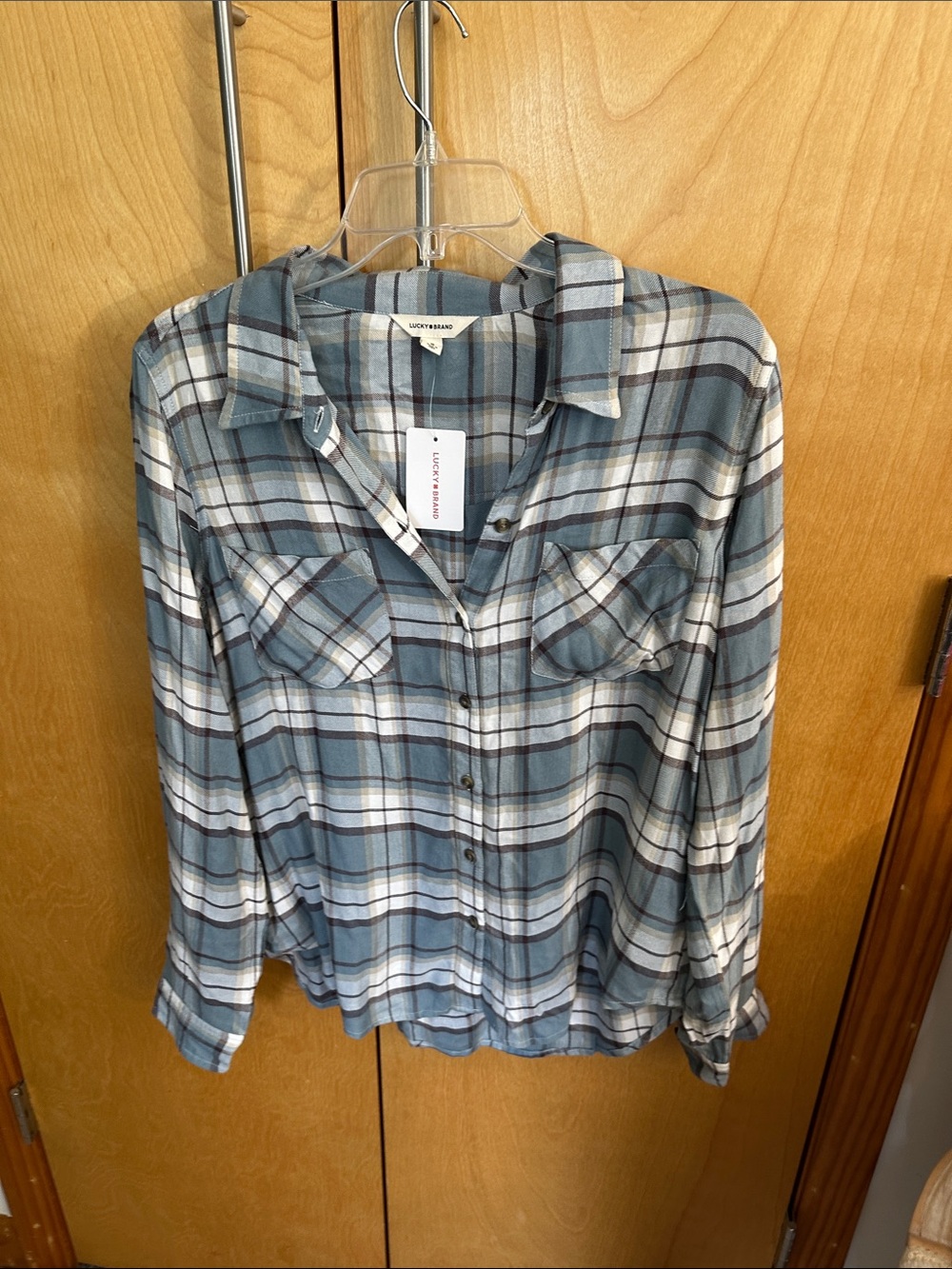 Lucky Brand Blue and White Plaid Button-Up Shirt med/ large new $79 retail